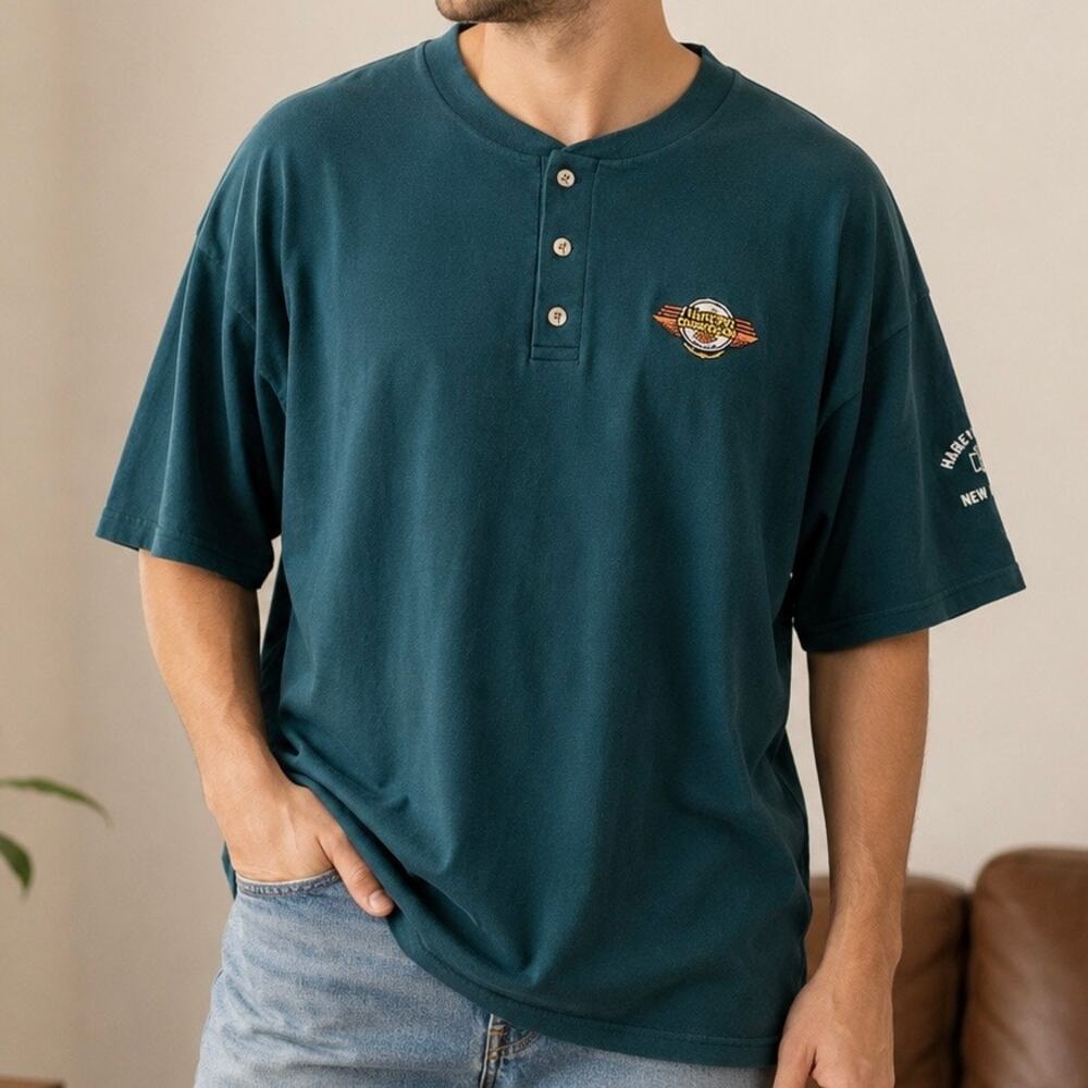 HARLEY DAVIDSON | 90s Y2K Cotton Teal Embroidered Henley Graphic Tee‎ | Size XXL